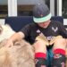 a kid with reading a book on the chair, petting his dog sitting next to him.